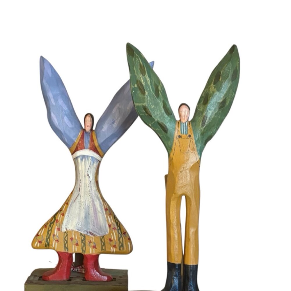 Signed Hand-Painted Folk Art Angel Pair from Provence